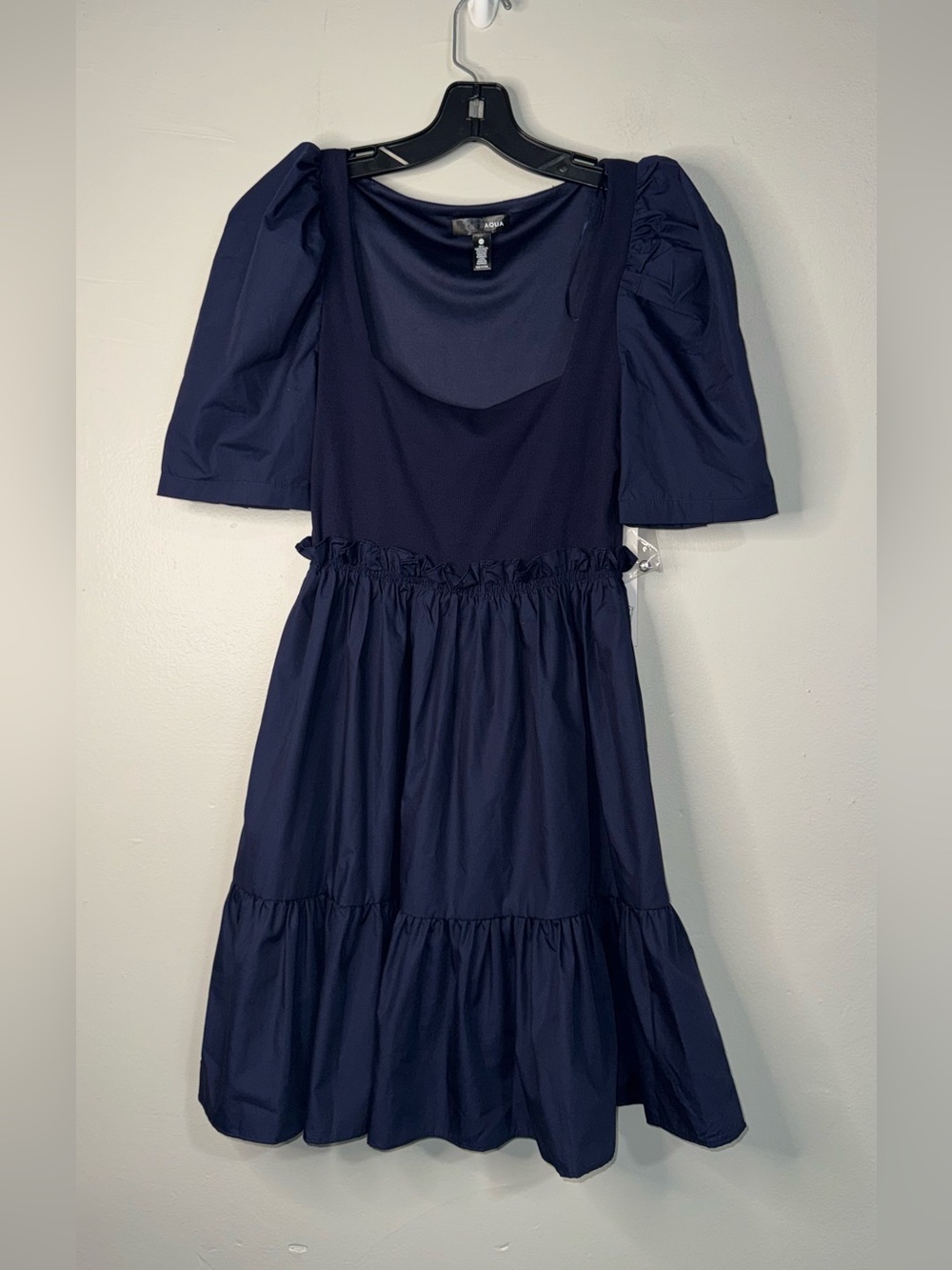 Aqua Navy Puff-Sleeve Mini Dress with Tiered Skirt